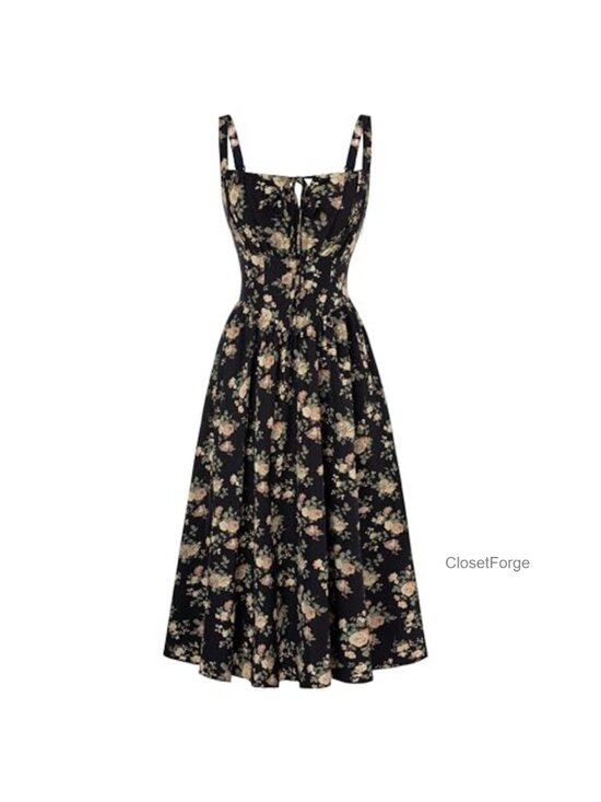 Dresses & Skirts - Women's Floral Corset Midi Dress with Pockets, Square Neck, Smocked Back,